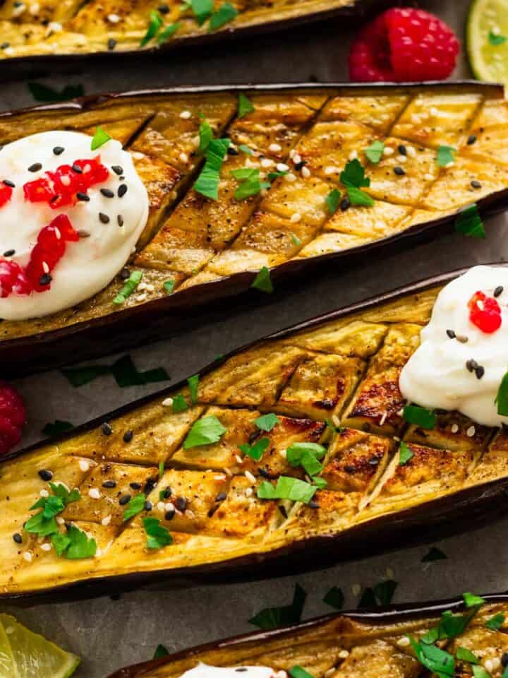 roasted eggplant halves with whipped goat cheese and yogurt cream.