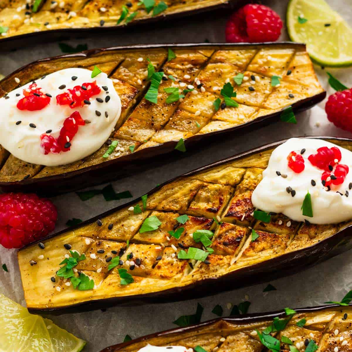 roasted eggplant halves with whipped goat cheese and yogurt cream.