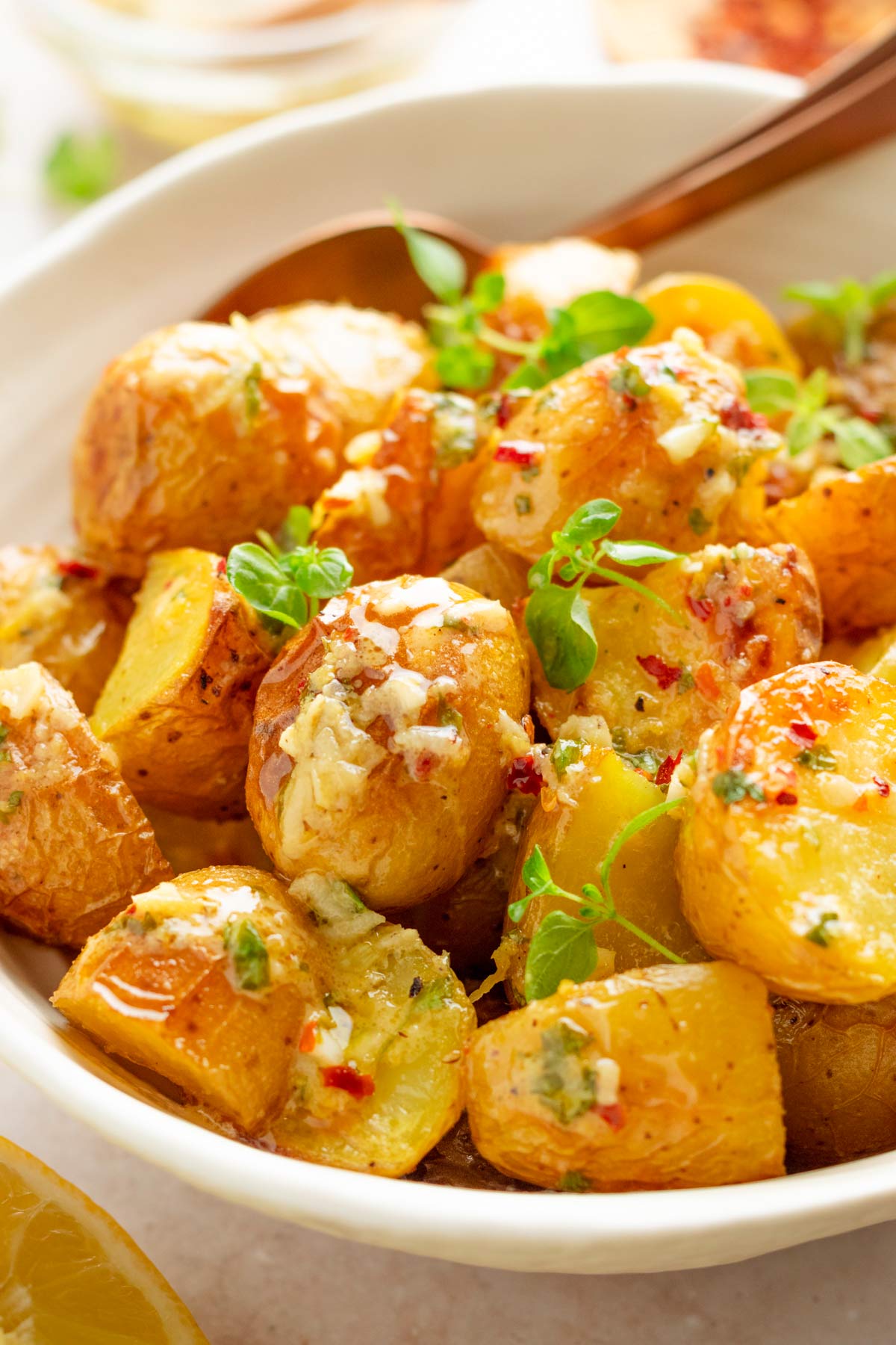 Roasted oven potatoes on a sheet pan.
