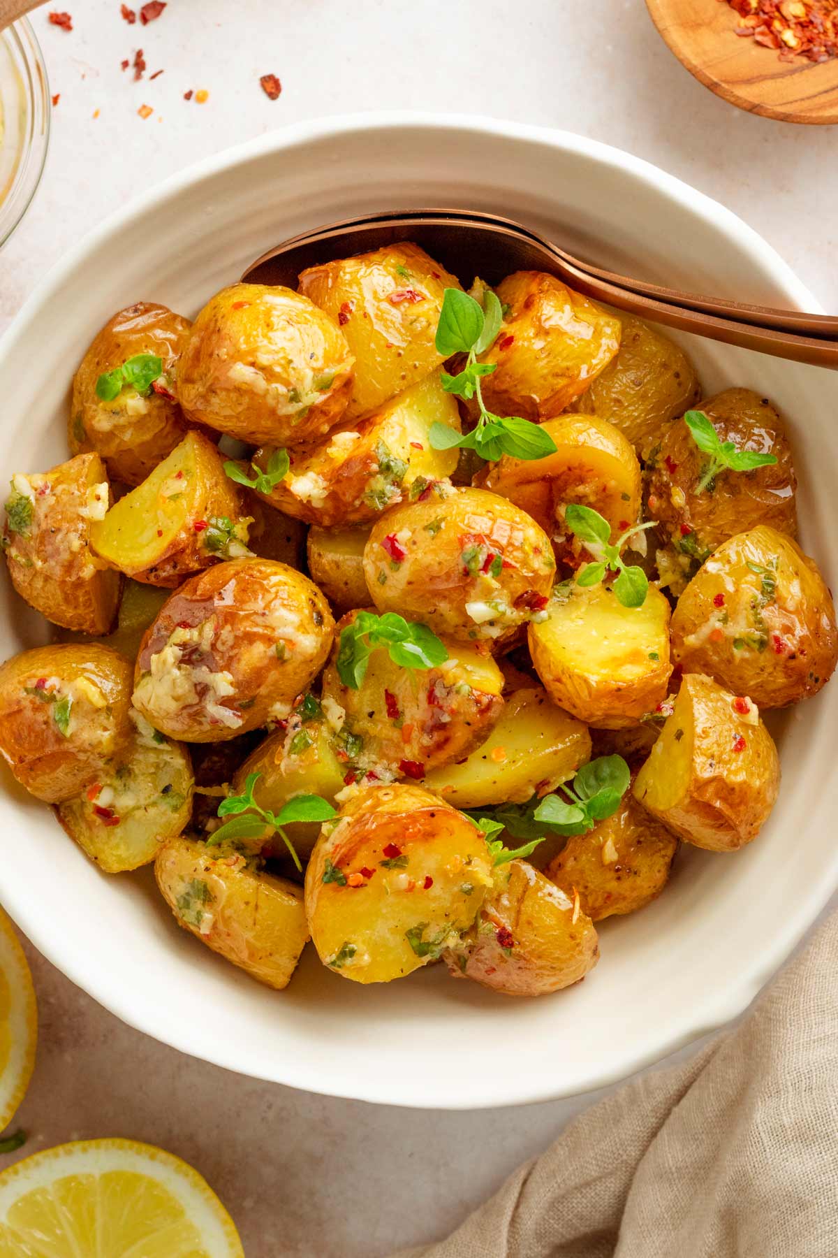 Roasted oven potatoes on a sheet pan.