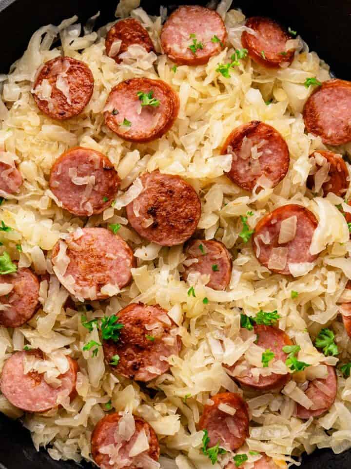 cooked sauerkraut and kielbasa skillet.