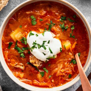 polish sauerkraut soup with meat in a bowl.