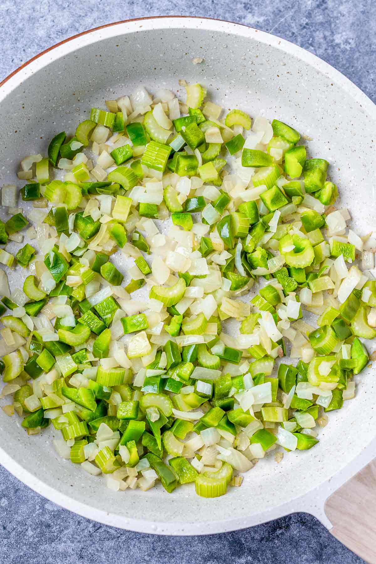 onion and celery cooking in the skillet
