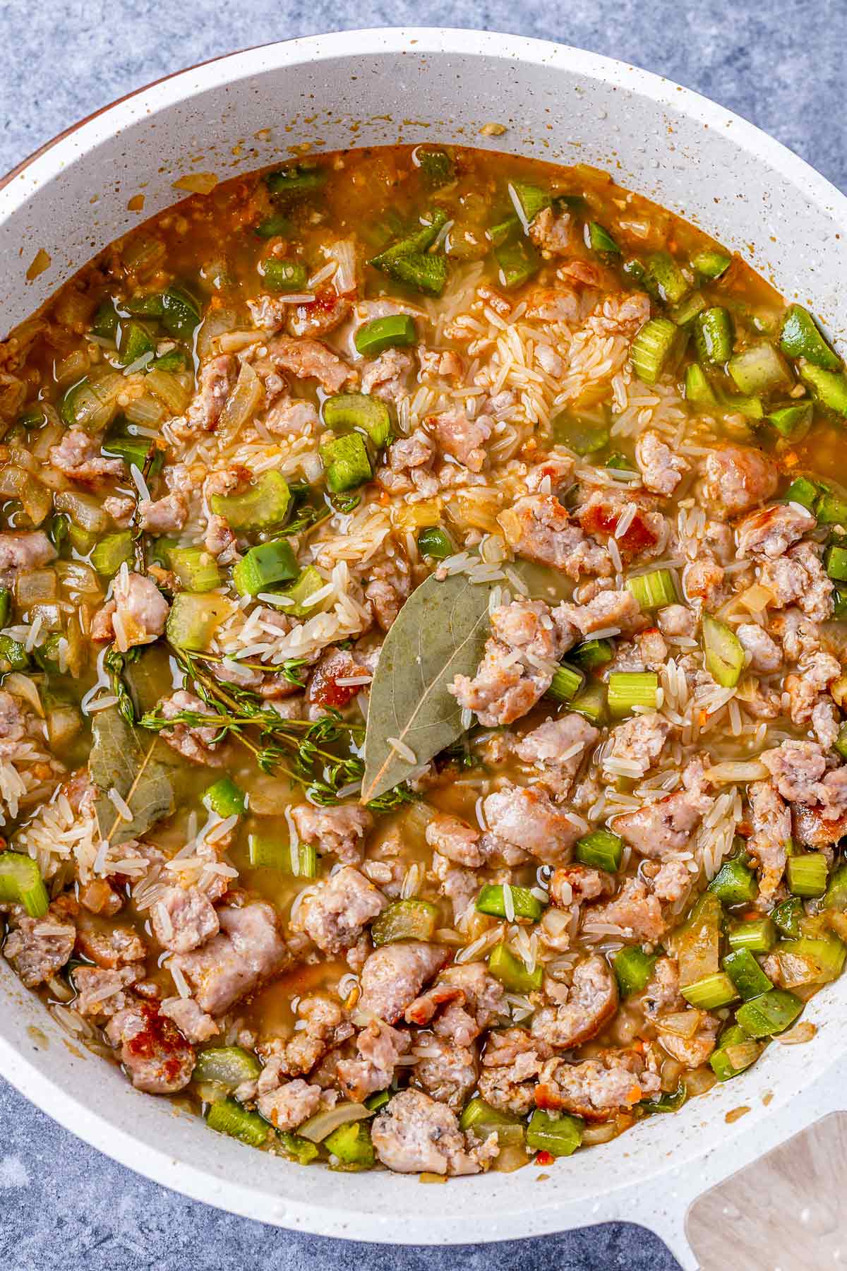 Sausage Dirty Rice in the skillet