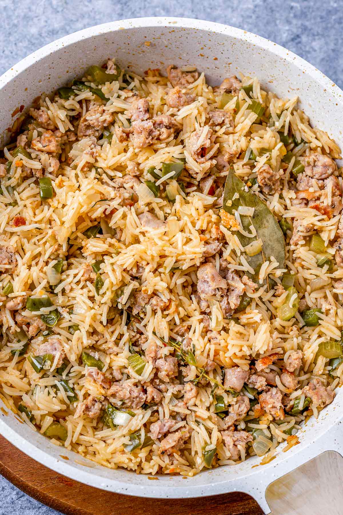 Sausage Dirty Rice in the skillet