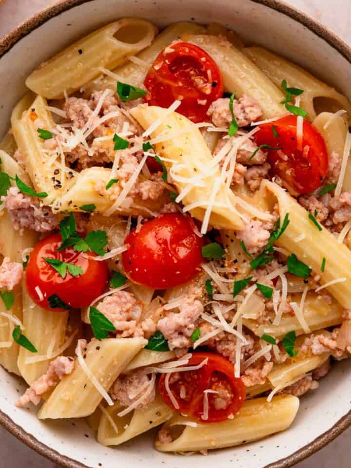 ground sausage pasta with tomatoes.