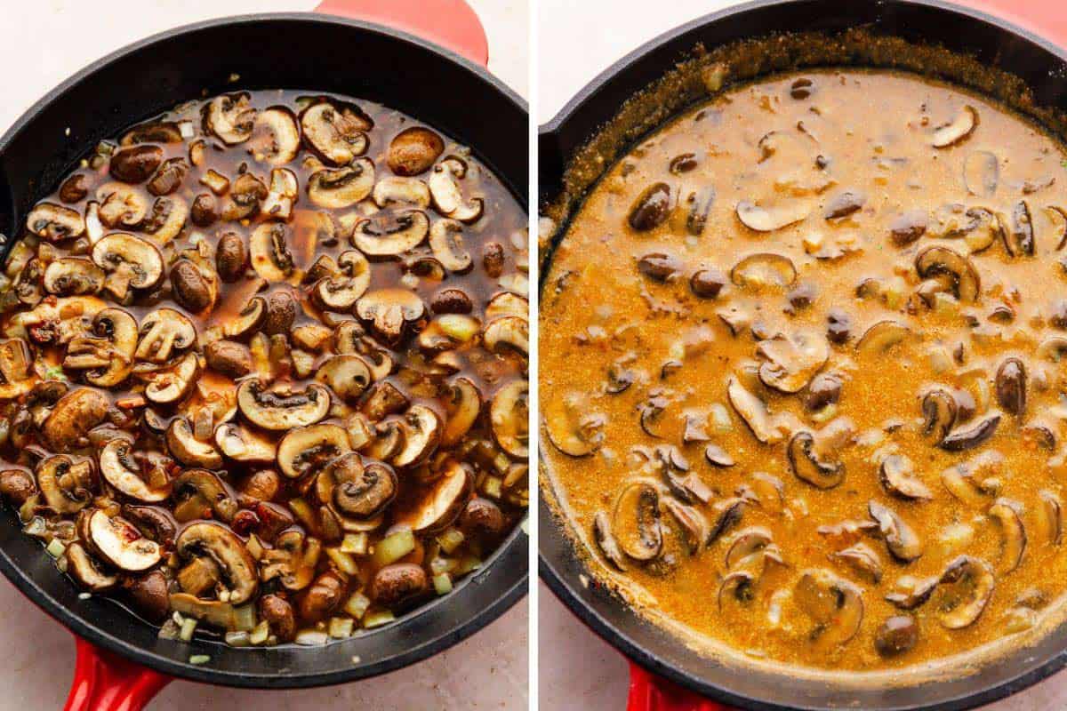 sauteing mushrooms in skillet and then adding liquid.
