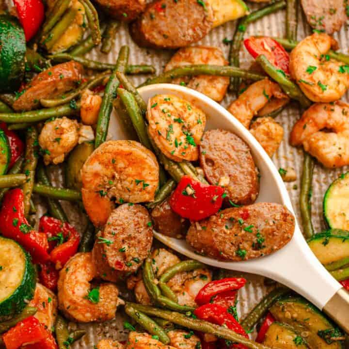 Sheet pan cajun shrimp and sausage.