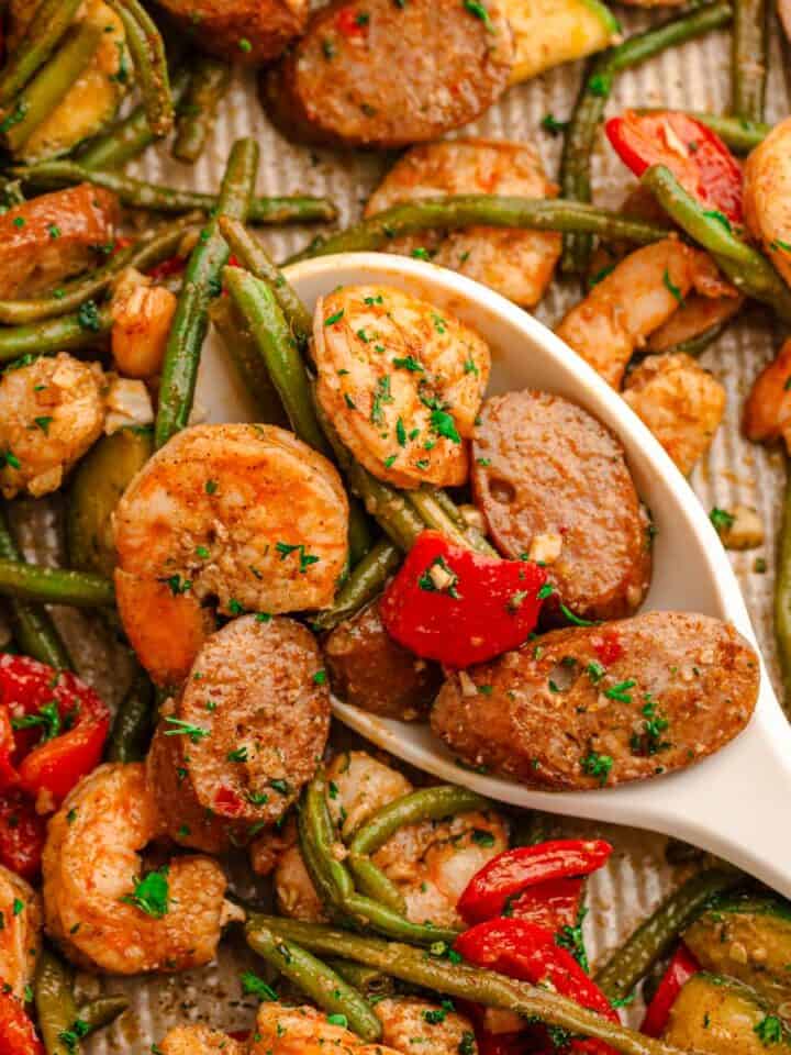 Sheet pan cajun shrimp and sausage.