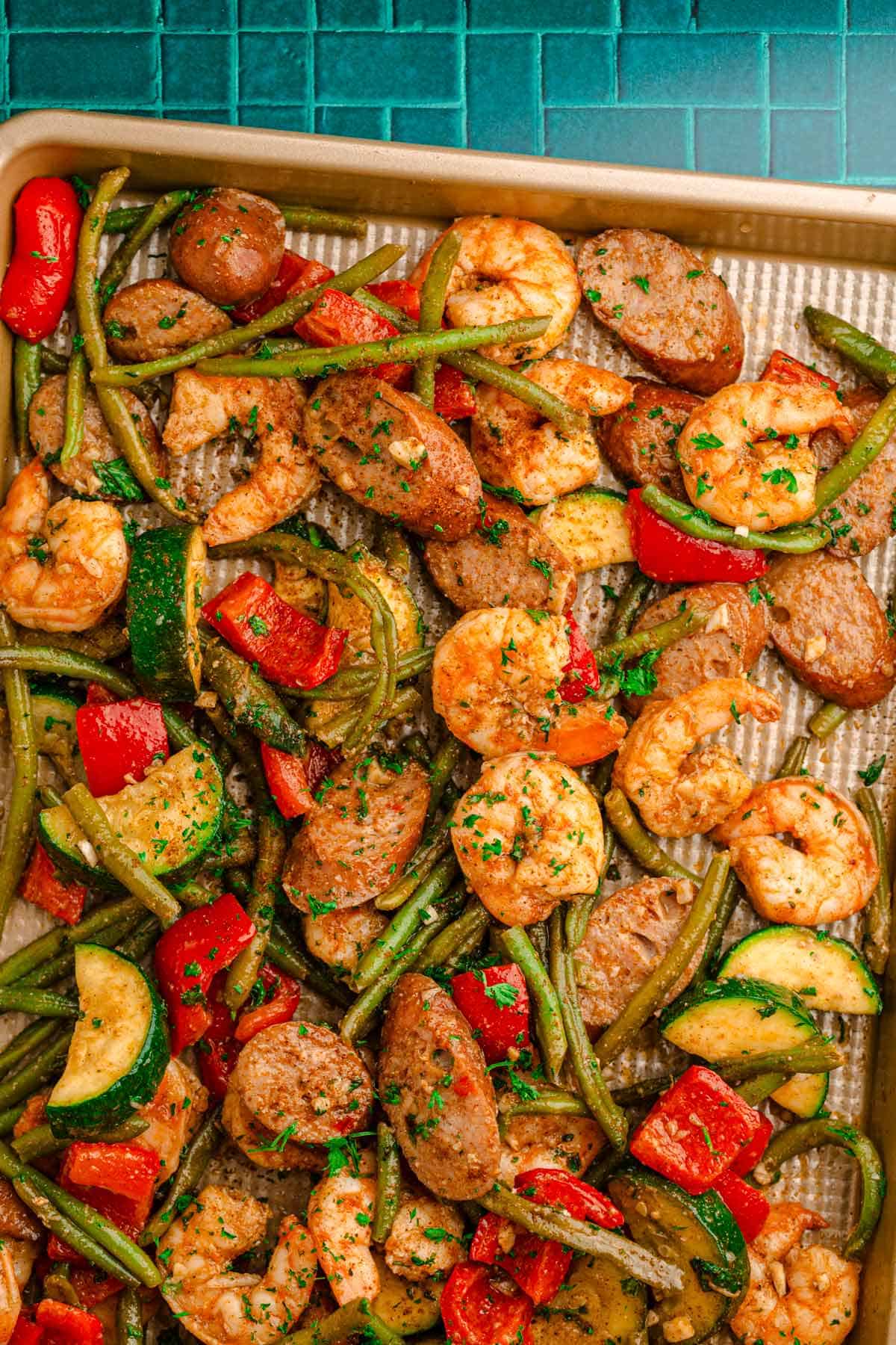 Sheet pan cajun shrimp and sausage.