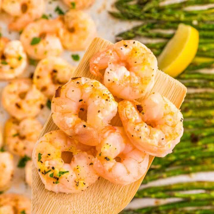 lemon garlic butter sheet pan shrimp dinner with asparagus.