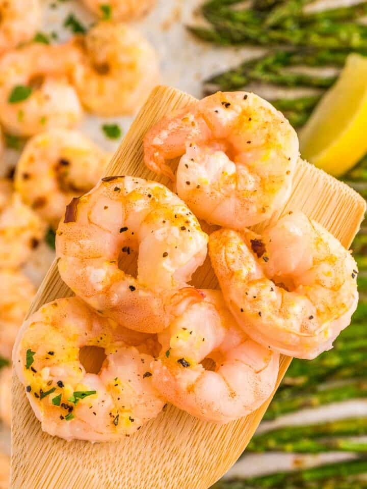 lemon garlic butter sheet pan shrimp dinner with asparagus.
