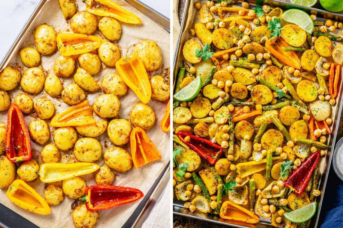 roasted vegetables in a sheet pan with chickpeas.