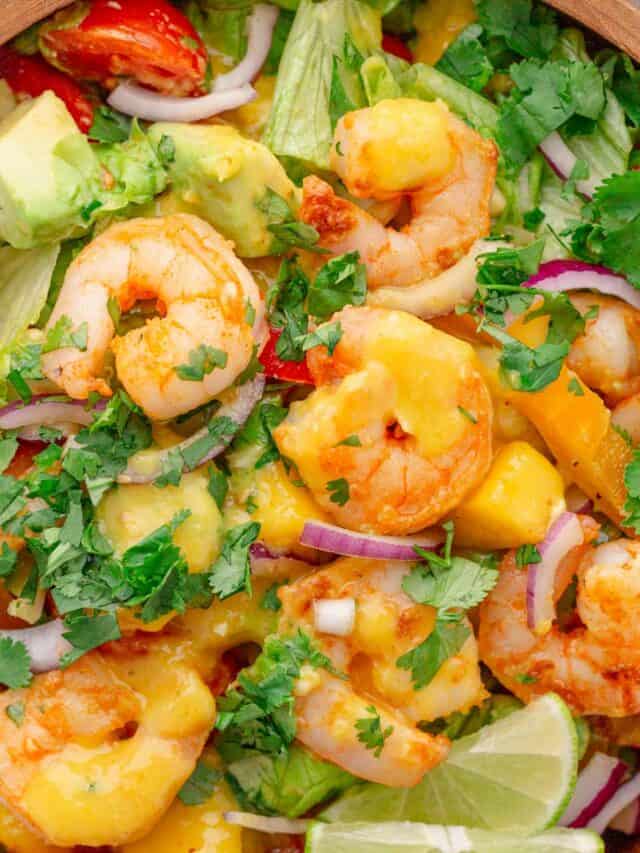 avocado shrimp salad with mango dressing.