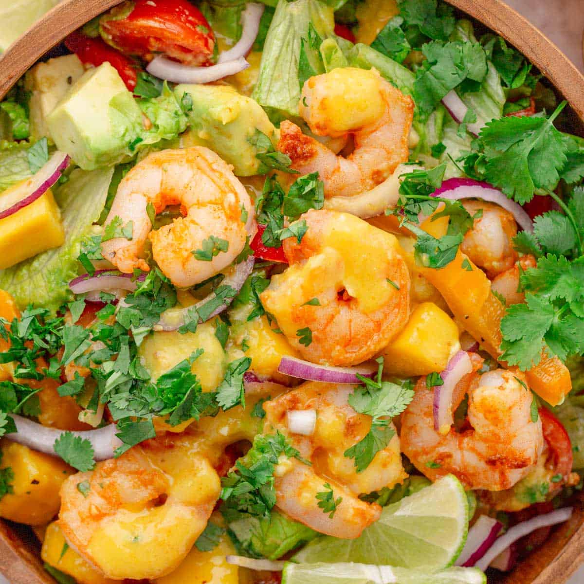 avocado shrimp salad with mango dressing.