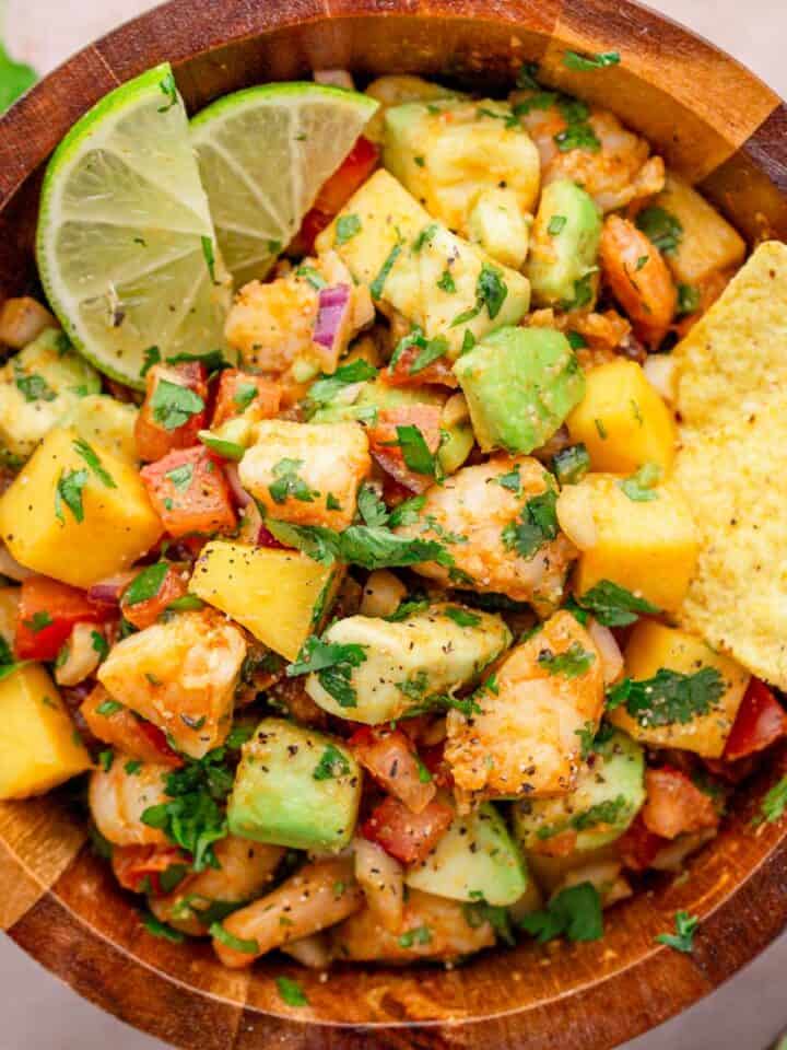 a bowl of mango shrimp salsa.