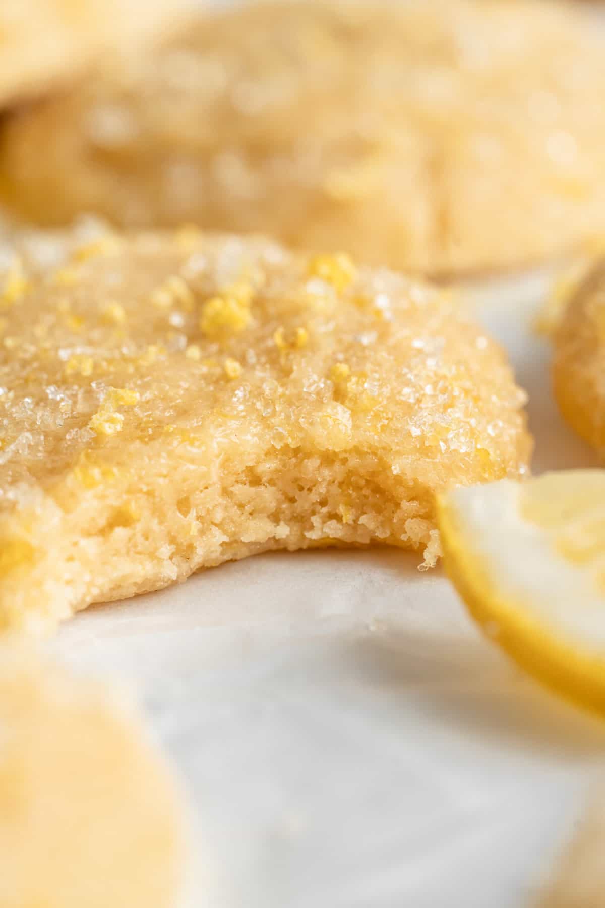 bite shot of chewy soft lemon sugar cookies