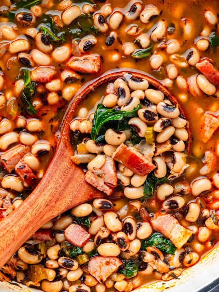 Southern Black Eyed peas with kale, sausage and bacon.