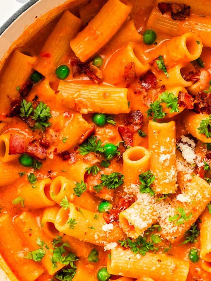 spicy rigatoni pasta dinner with bacon.