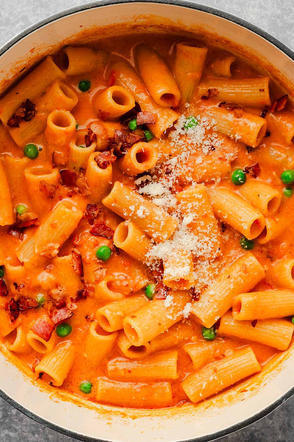 spicy rigatoni pasta dinner with bacon.