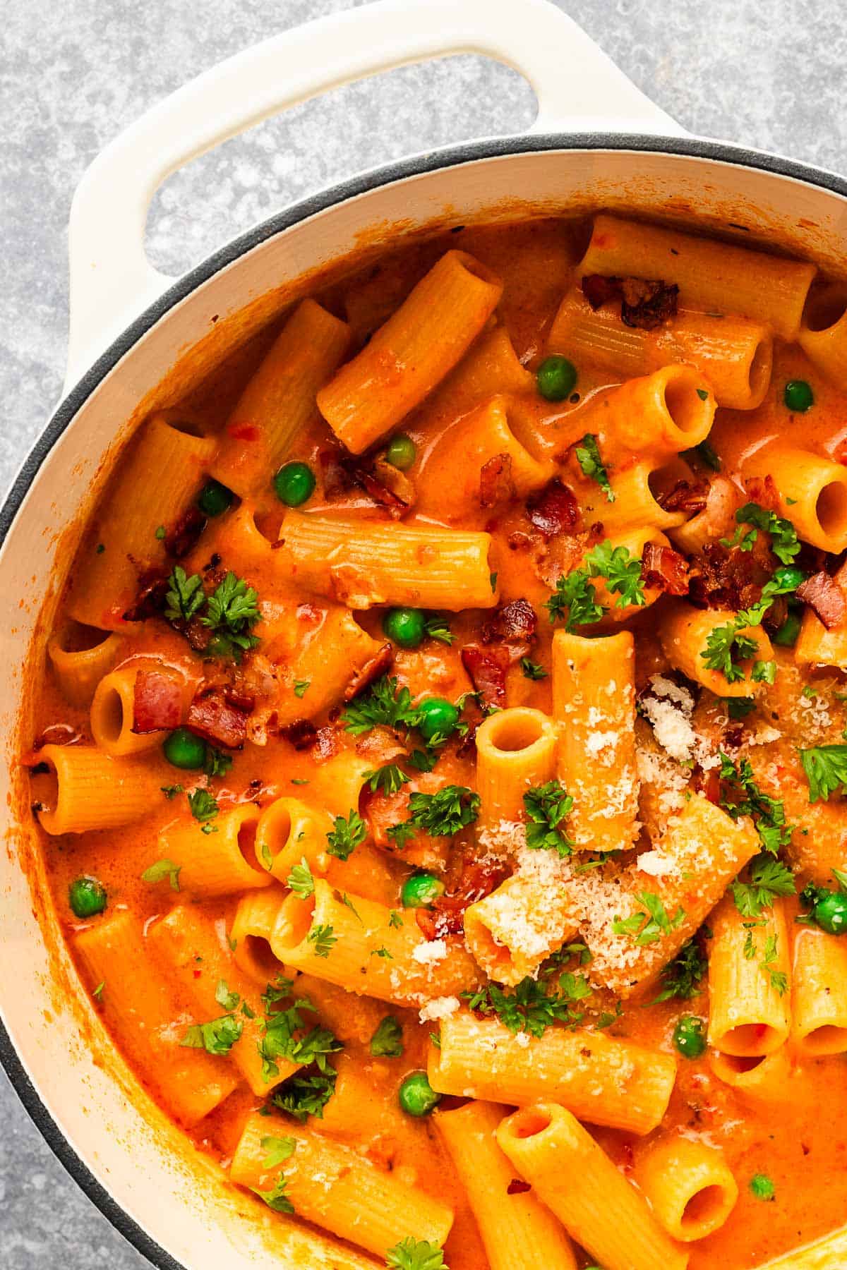 spicy rigatoni pasta dinner with bacon.