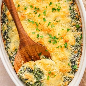 Freshly baked Spinach Gratin with cheesy topping.