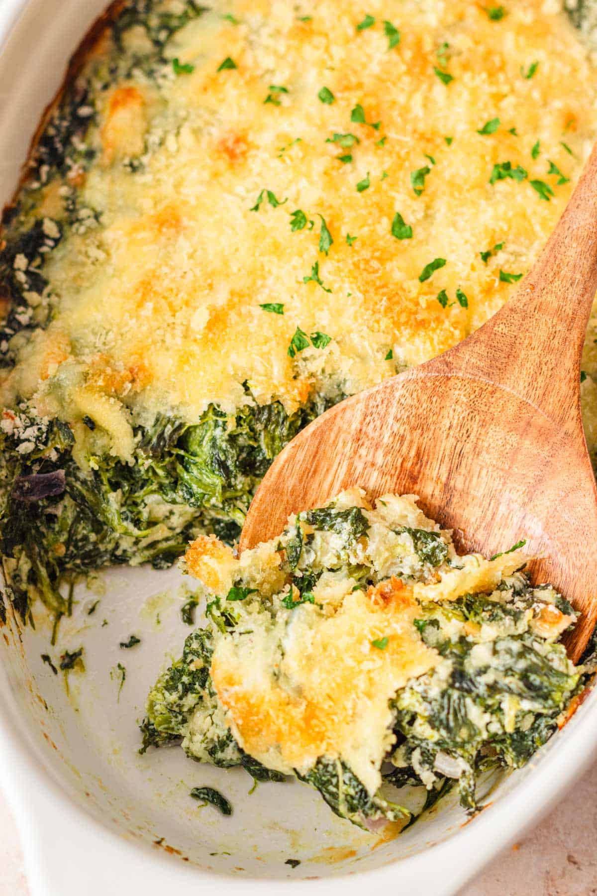 Spinach Gratin with cheesy and crispy topping.