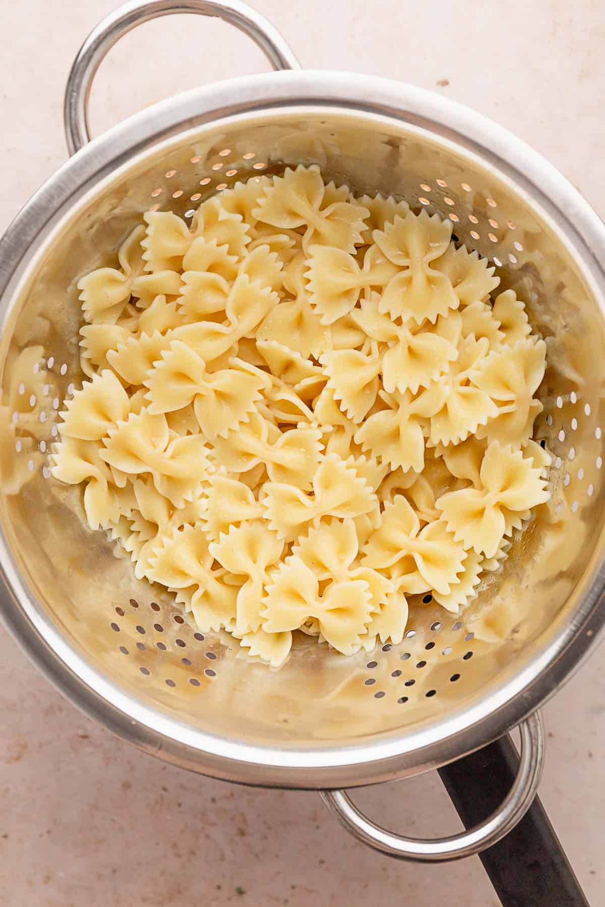 drained pasta in a colander.