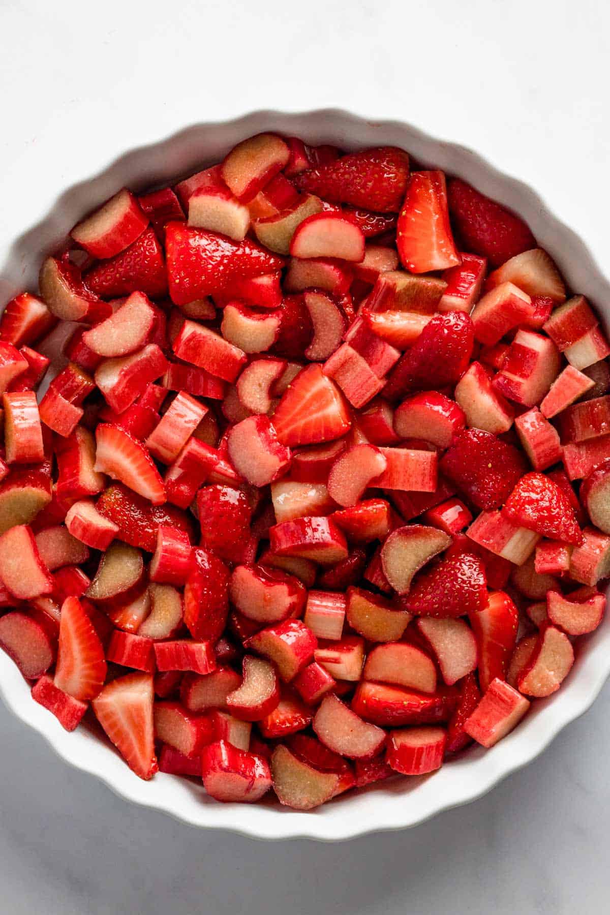 fresh strawberries and rhubarb in baking dish