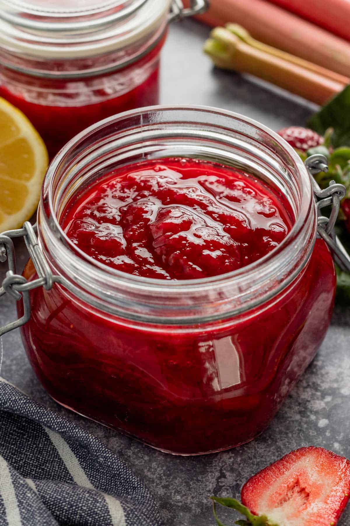 strawberry rhubarb jam in a jar