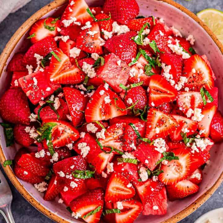 Strawberry Watermelon Salad in a white bowl
