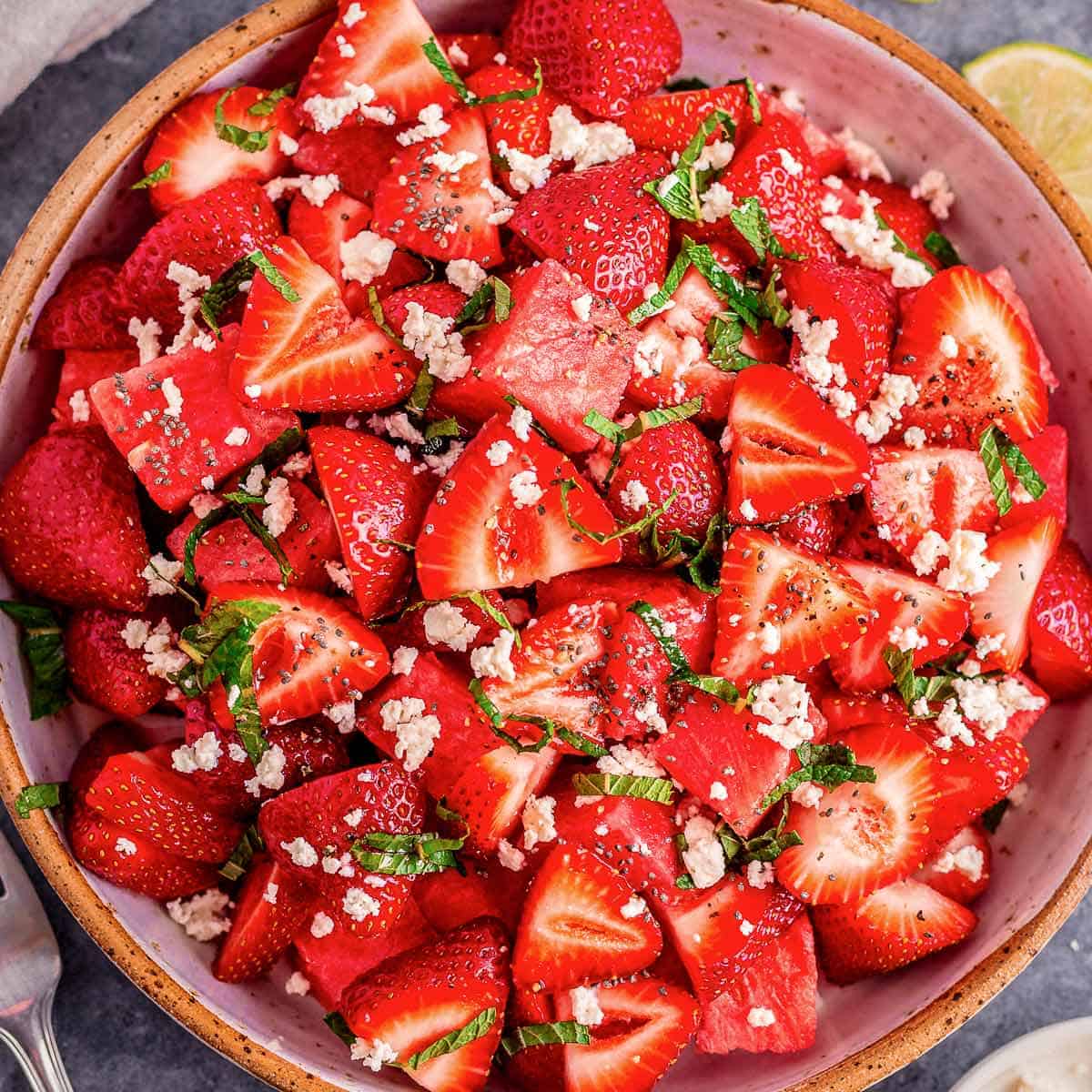 Watermelon Strawberry Salad (With Feta & Honey Lime Dressing)-image