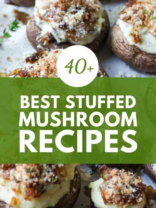 photos of stuffed mushrooms and label reads: 40+ best stuffed mushroom recipes