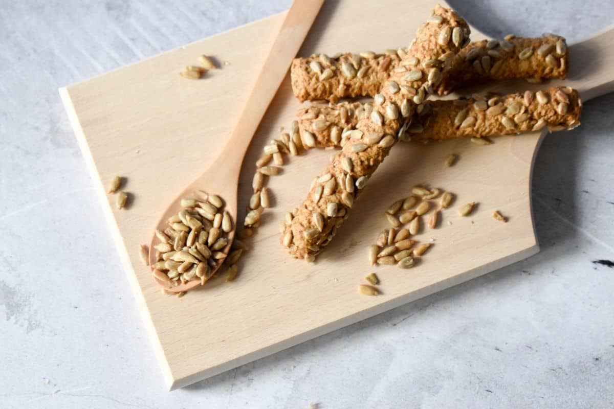 sunflower seeds and bread sticks.