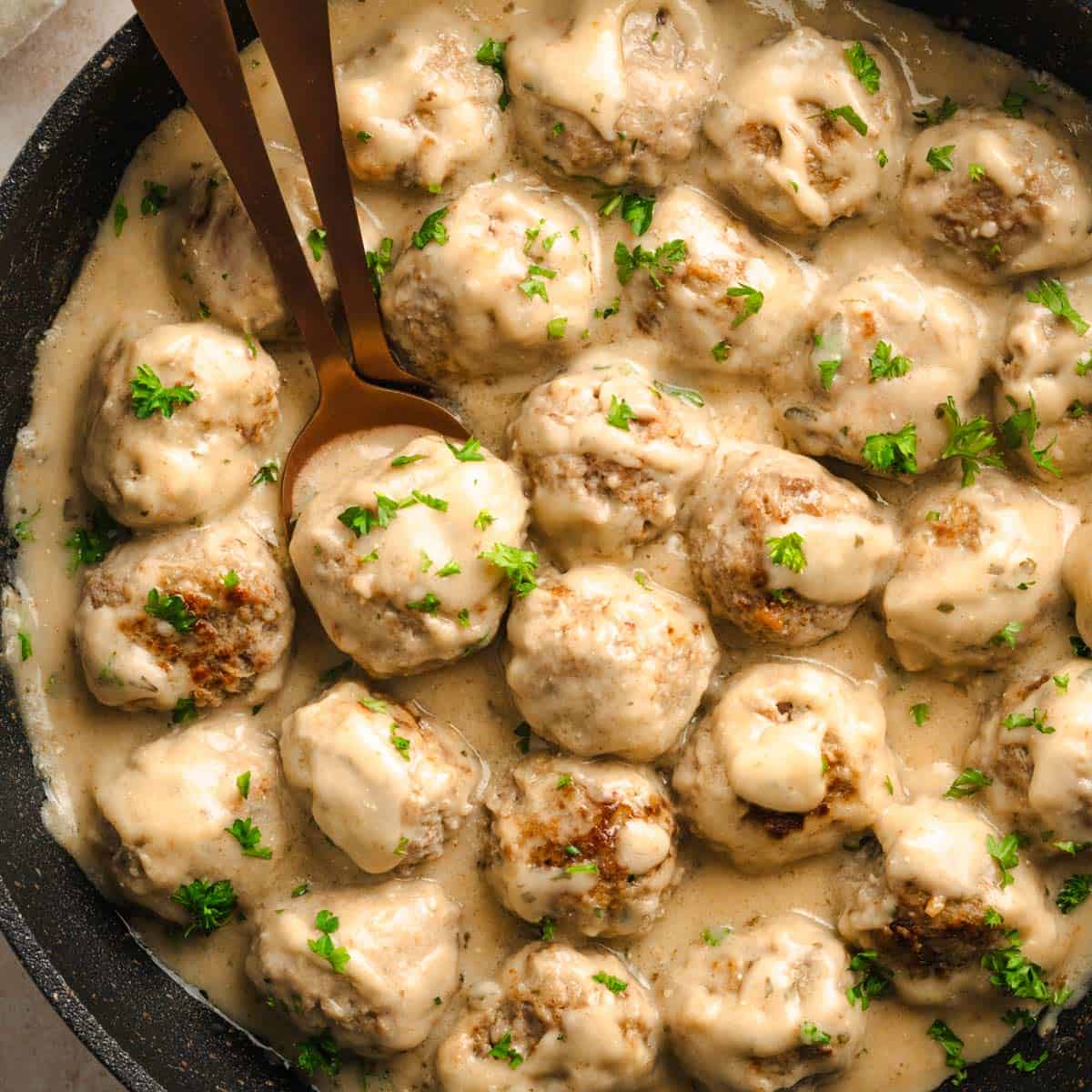 Juicy and creamy Swedish meatballs skillet.