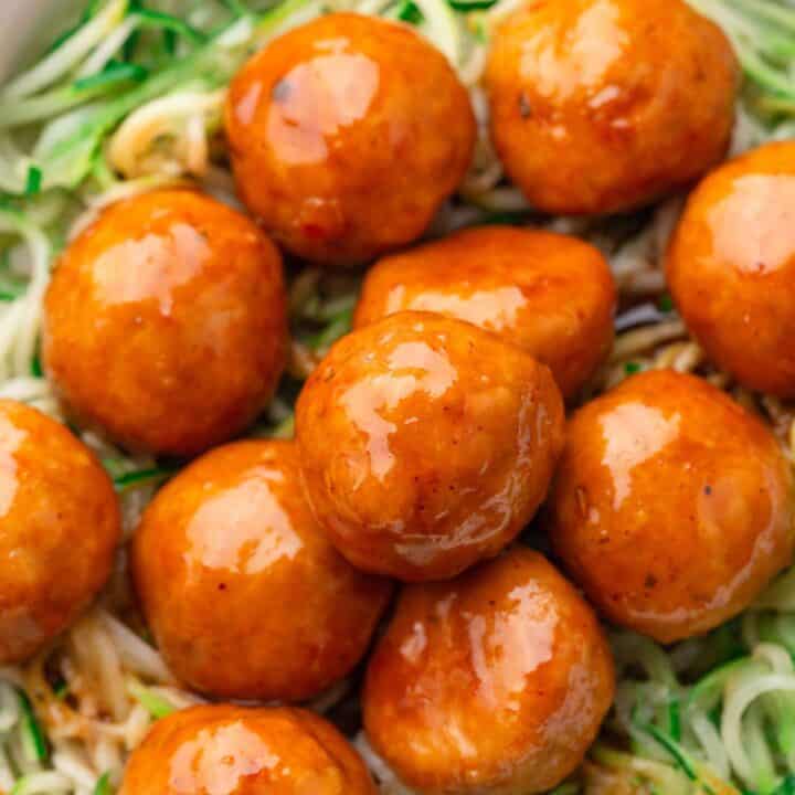 sweet and spicy chicken meatballs with hot honey.