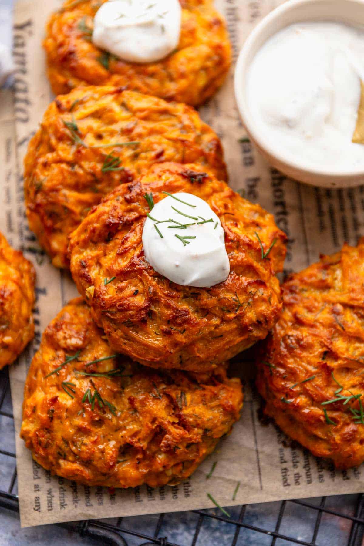 sweet potato fritters with sour cream and dill.