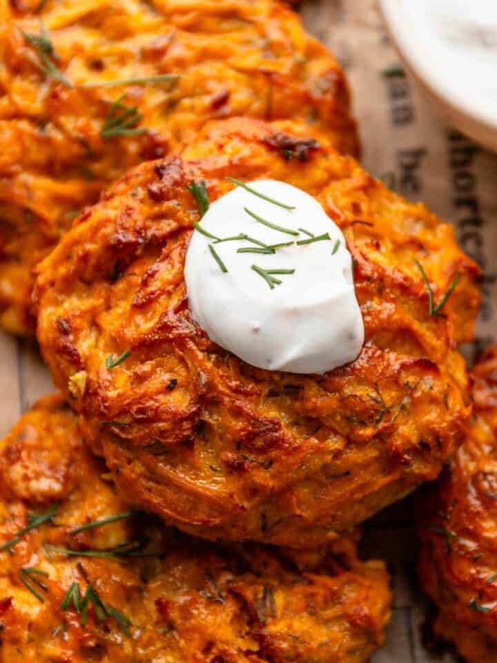 sweet potato fritters with sour cream and dill.