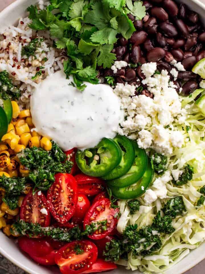 YUMMY Tex-Mex Grain Bowls with Lime Cilantro Vinaigrette.