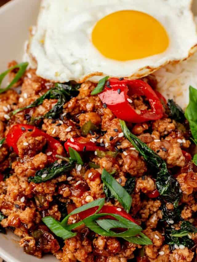 ground chicken with basil and egg.