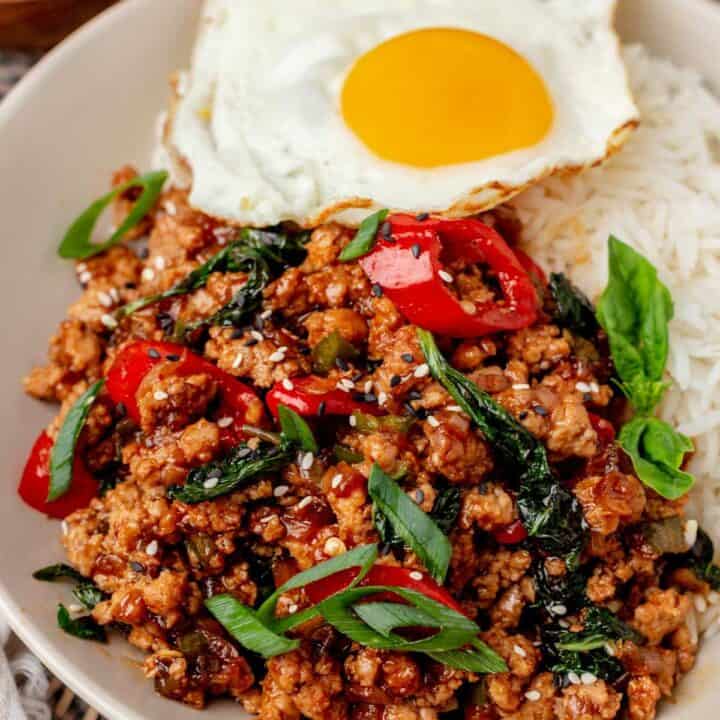 ground chicken with basil and egg.