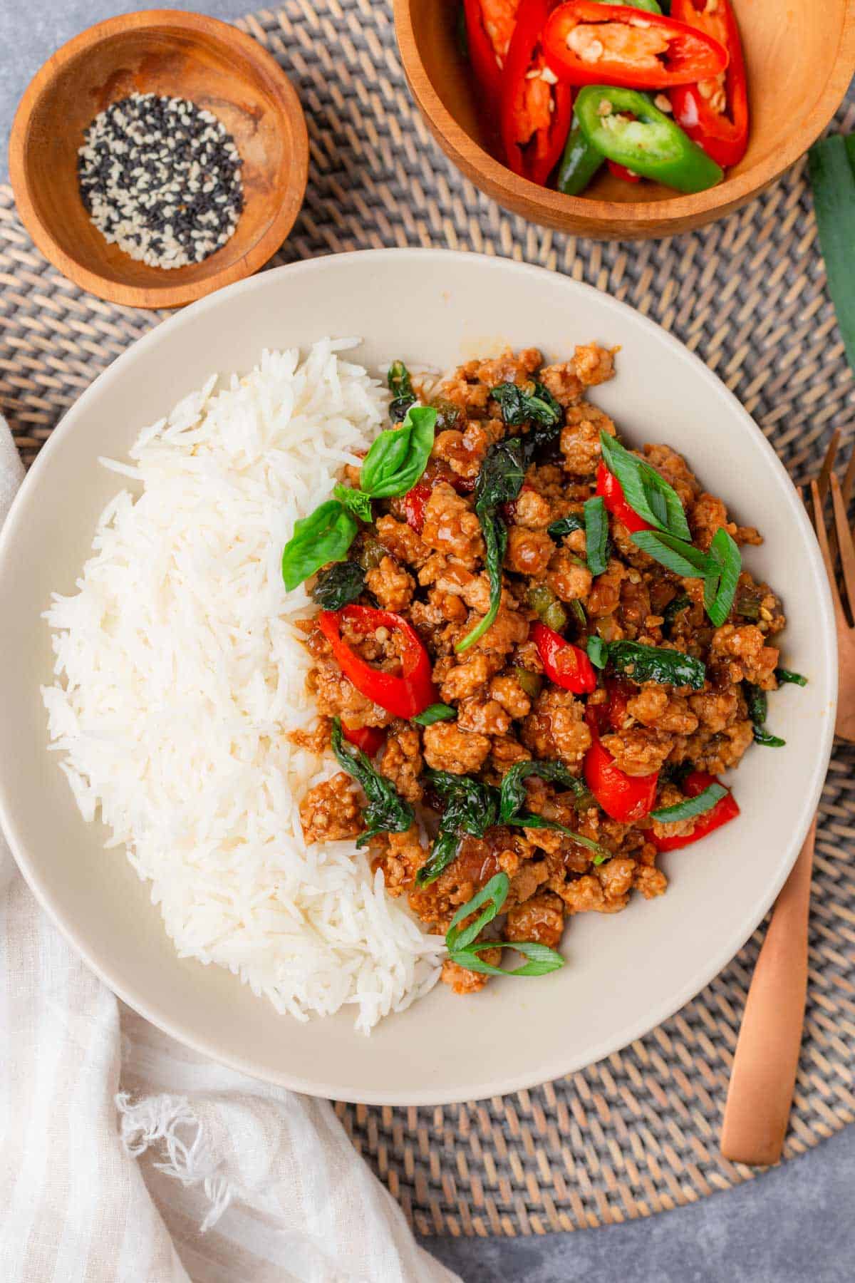 thai basil chicken bowl.