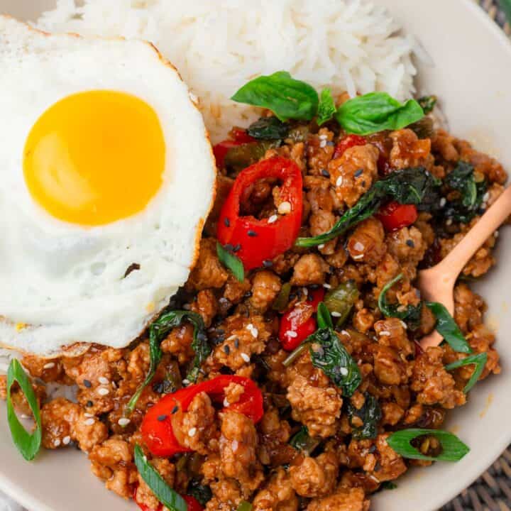 ground chicken with basil and egg.