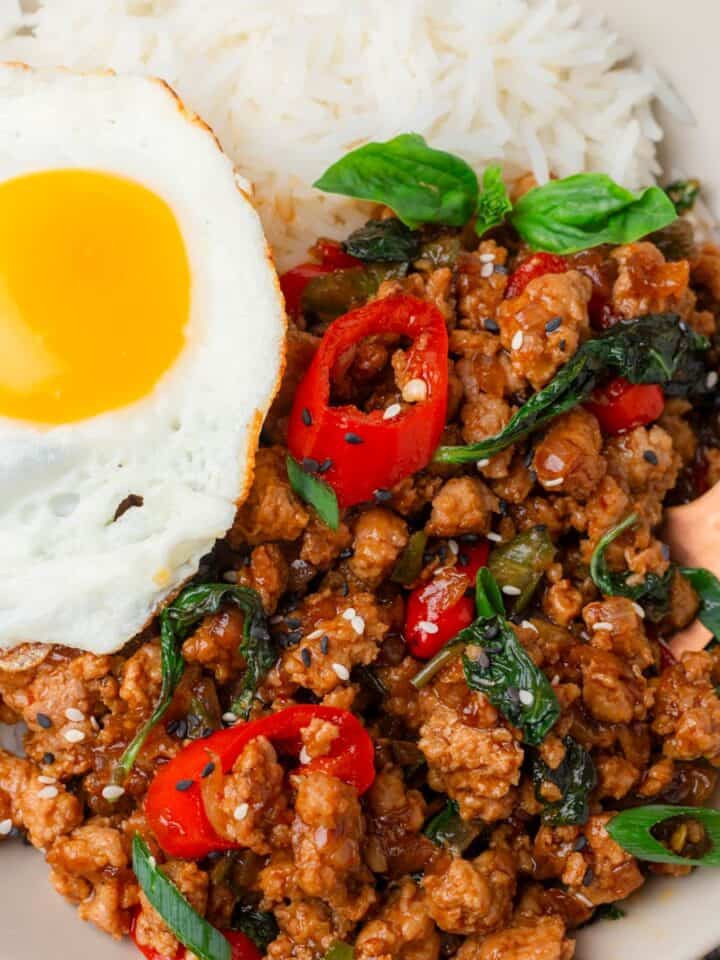 ground chicken with basil and egg.