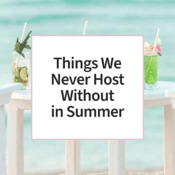 Refreshing tropical drinks on a white outdoor table beside a swimming pool, creating a bright and relaxing summer entertaining setting.