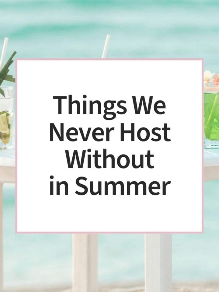 Refreshing tropical drinks on a white outdoor table beside a swimming pool, creating a bright and relaxing summer entertaining setting.