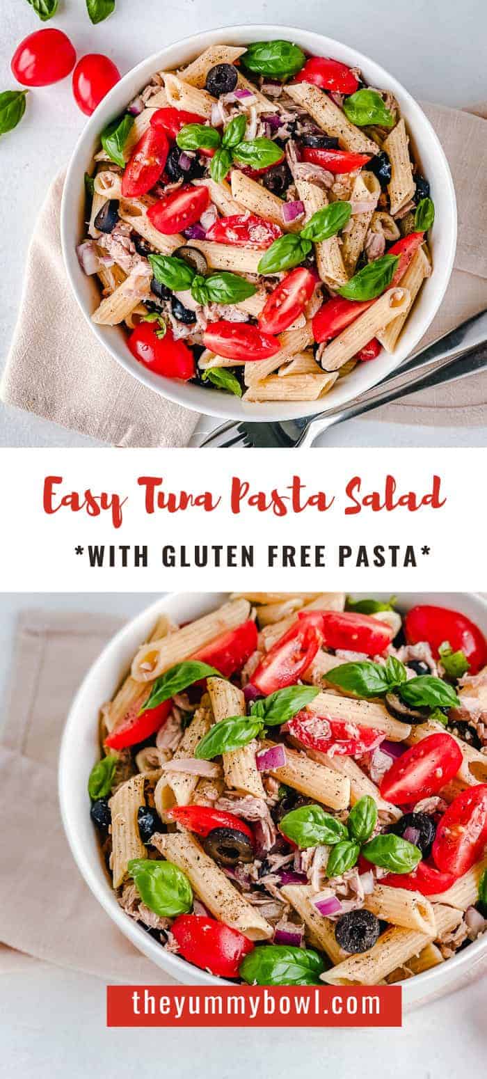 A simple and savory cold pasta salad made with just a few ingredients like tuna, olives, tomatoes, gluten free pasta and an easy salad dressing. Can be served hot or cold to fit any season!#easytunapastasalad #tunasalad #healthytunasalad #tunasaladnomayo #tunasaladrecipe #tunasaladrecipeeasy #tunasaladrecipehealthy #healthytunasaladwithoutmayo #tunasaladwithoutmayo #healthypastasalad  The Yummy Bowl
