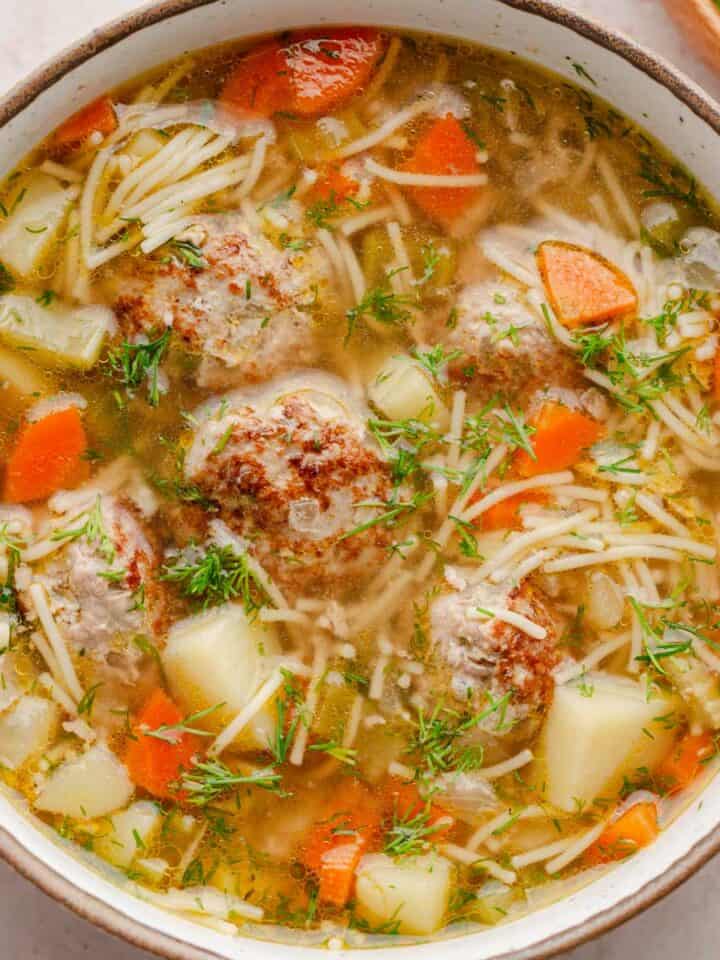 ground turkey meatball soup with vermicelli noodles.