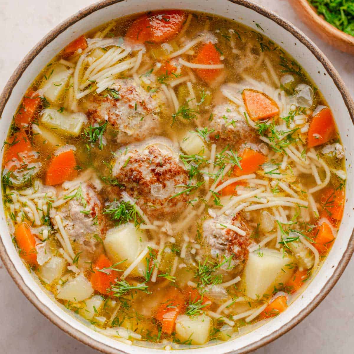 ground turkey meatball soup with vermicelli noodles.