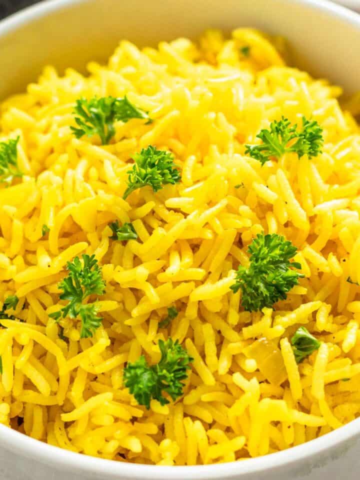 a bowl of yellow rice.
